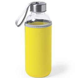 Foto van Glazen waterfles/drinkfles met gele softshell bescherm hoes 420 ml - drinkflessen