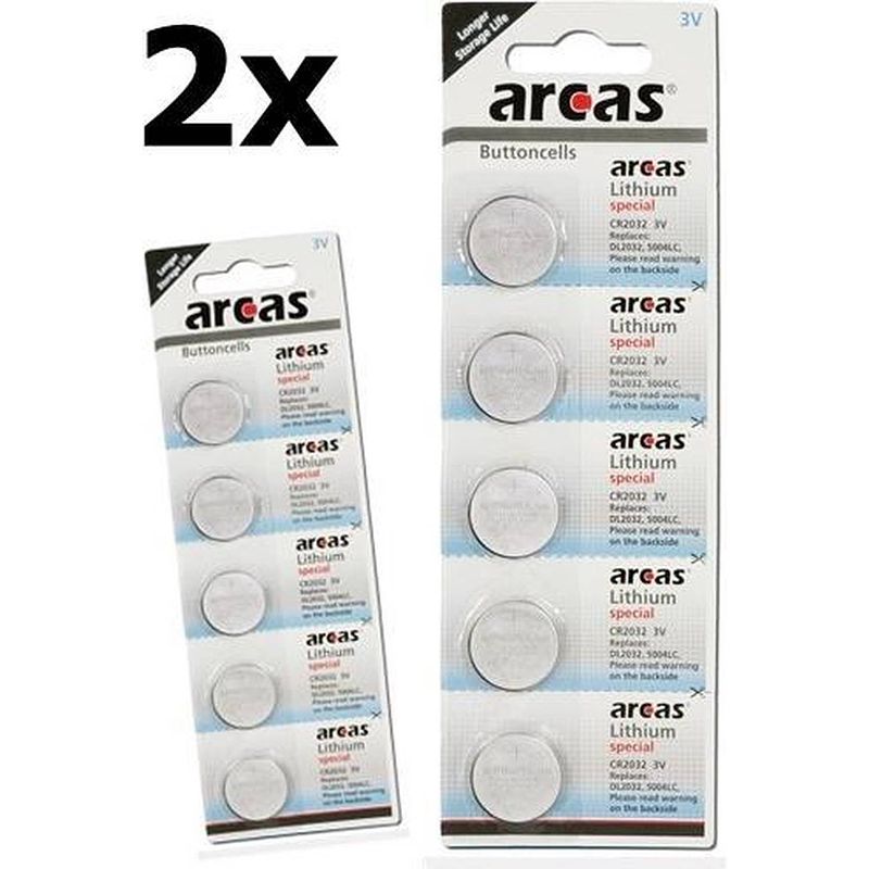 Foto van 10 stuks (2 blisters a 5st) - arcas cr2032 3v lithium batterij