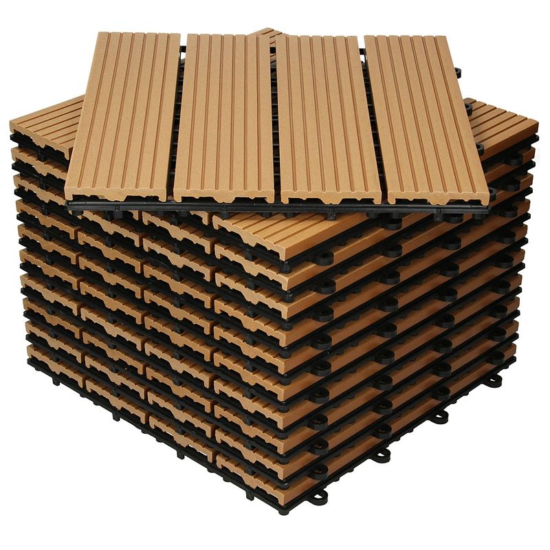 Foto van Ecd germany wpc-terras tegels 30x30 cm 44er spar set für 4m² teak in hout look voor tuinbalkonvloeren met afvoer