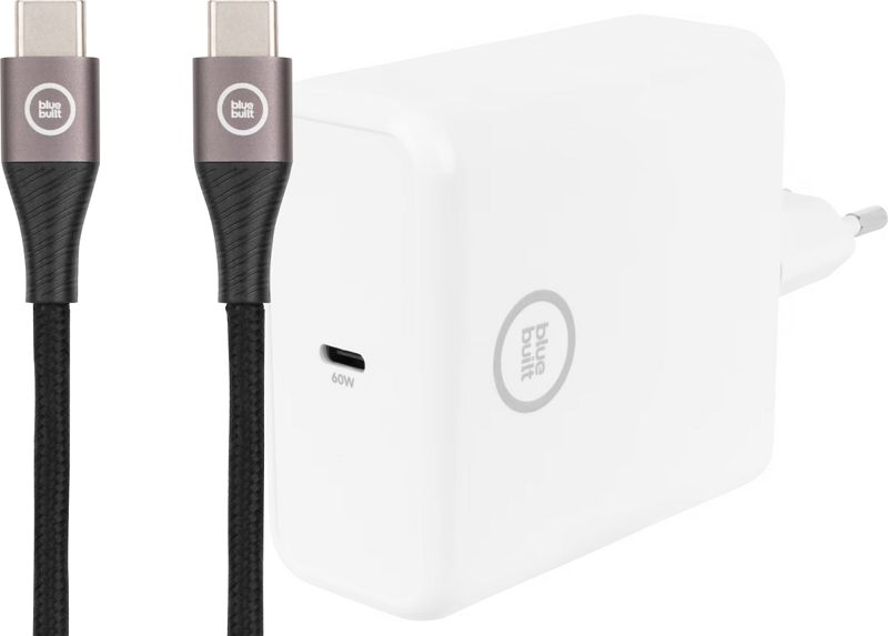 Foto van Bluebuilt power delivery oplader 60w wit + usb c kabel nylon zwart 1,5m