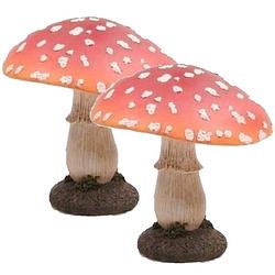 Foto van 2x stuks vliegenzwam paddenstoelen tuinbeeldje 15 cm - tuinbeelden