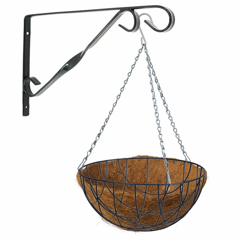 Foto van Hanging basket 40 cm met klassieke muurhaak groen en kokos inlegvel - metaal - complete hangmand set - plantenbakken