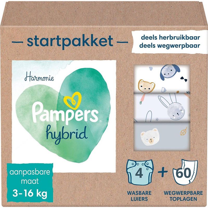 Foto van Pampers harmonie hybrid starterspakket - 4 wasbare luiers + 60 wegwerpbare toplagen