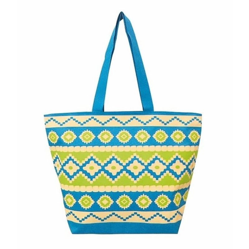 Foto van Damestas strandtas ibiza print sunbeam blauw/groen 58 cm - strandtassen