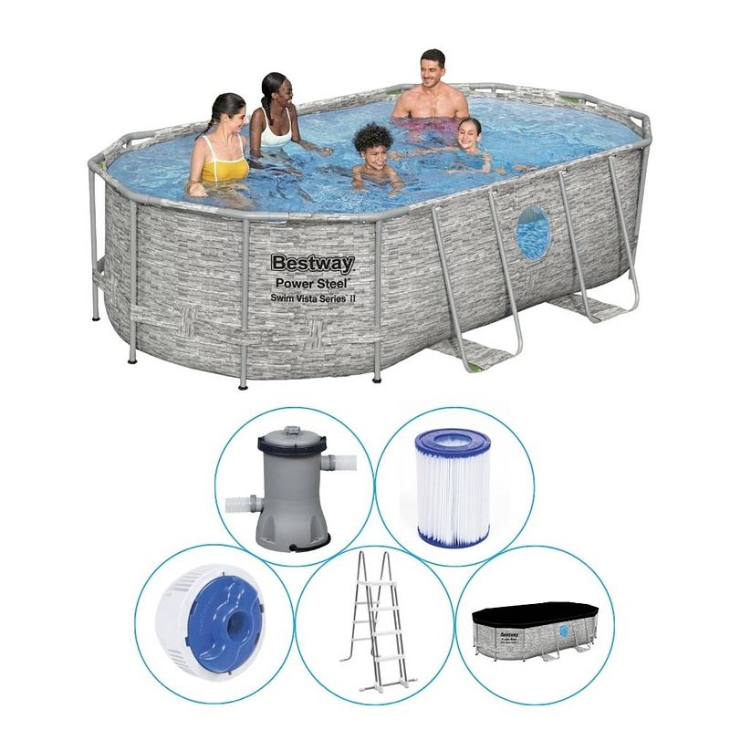 Foto van Bestway power steel set ovaal rotan swim vista 427 cm zwembad