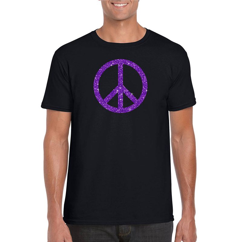 Foto van Toppers zwart flower power t-shirt paarse glitter peace teken heren xl - feestshirts