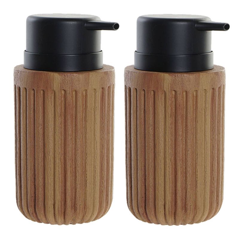 Foto van 2x stuks zeeppompjes/zeepdispensers hout look chocolade bruin kunststof 350 ml - zeeppompjes