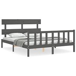 Foto van The living store bed massief grenenhout - grijs - 205.5 x 165.5 x 81 cm - multiplex lattenbodem - functioneel hoofd- en