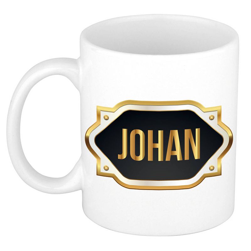 Foto van Naam cadeau mok / beker johan met gouden embleem 300 ml - naam mokken