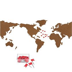 Foto van Prikbord wereldkaart met 30x punaise vlaggetjes - 36 x 27 cm - kurk - prikborden