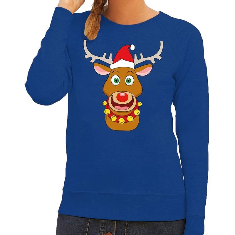 Foto van Foute kersttrui / sweater met rudolf het rendier met rode kerstmuts blauw voor dames - kersttruien 2xl (44)