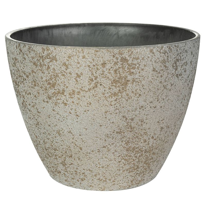 Foto van Bloempot/plantenpot - buiten - beige/goud - d22 en h17 cm - kunststof/steenmix - plantenpotten