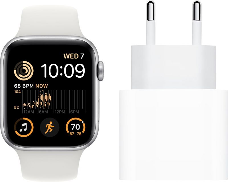 Foto van Apple watch se (2022) 44mm zilver aluminium witte sportband + oplader