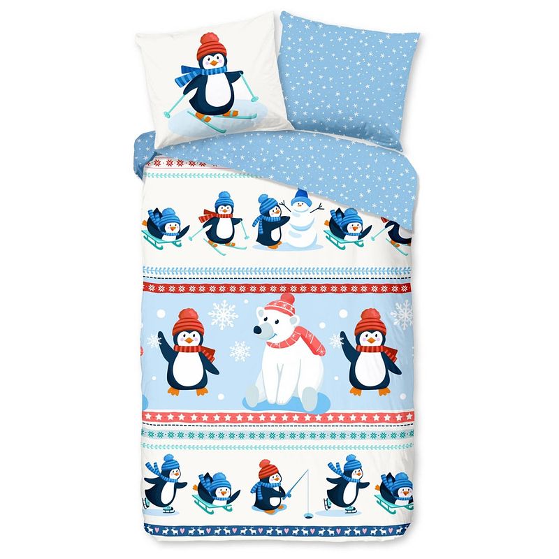 Foto van Good morning kinder dekbedovertrek flanel penguins - multi 140x200/220cm