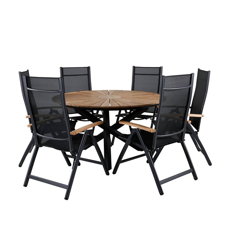 Foto van Mexico tuinmeubelset tafel ø140cm en 6 stoel l5pos panama zwart, naturel.