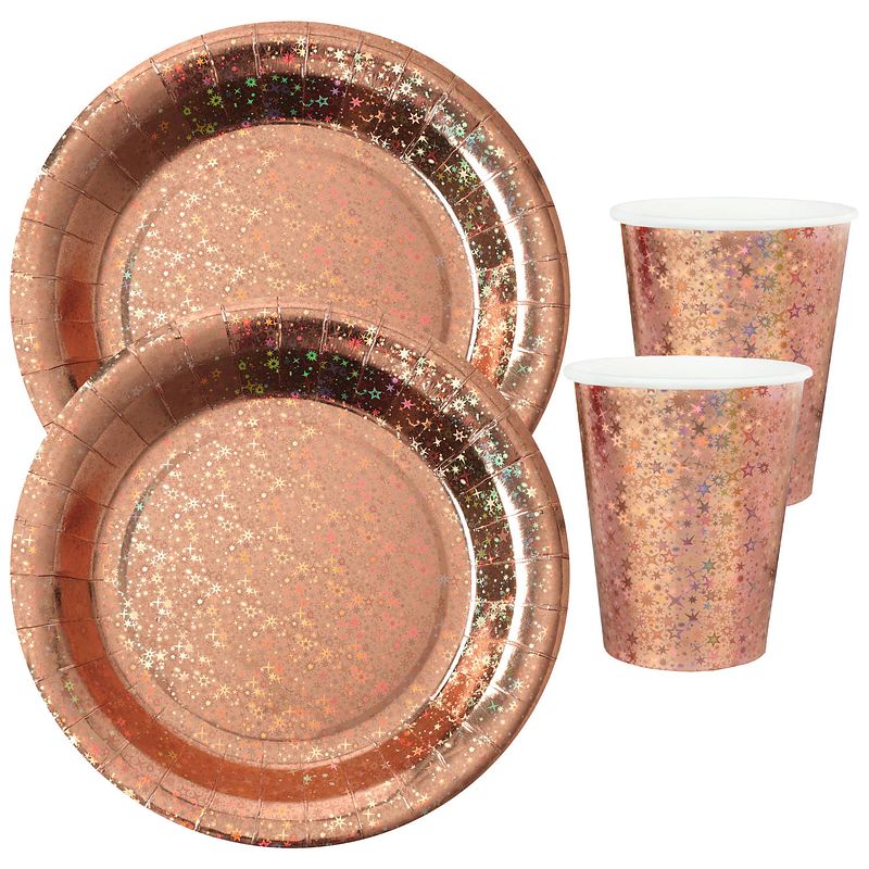 Foto van Feest wegwerp servies set - glitter - 10x bordjes / 10x bekers - rose goud - feestpakketten