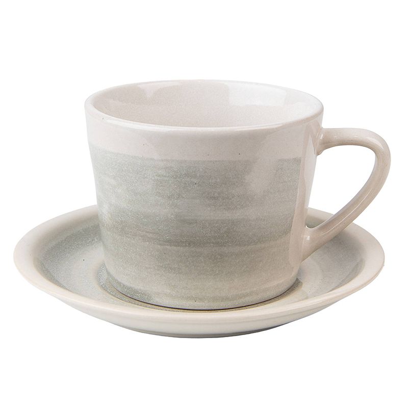 Foto van Clayre & eef kop en schotel 200 ml grijs groen keramiek servies cadeau voor haar cappuccino grijs servies cadeau voor