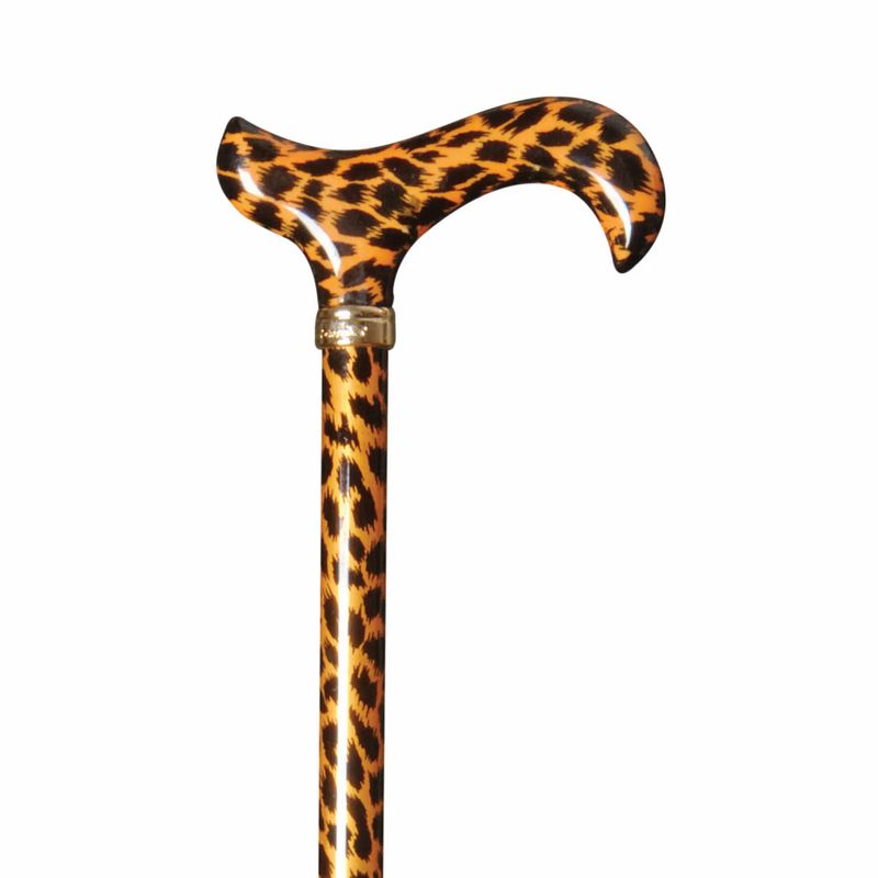 Foto van Classic canes verstelbare wandelstok - gouden luipaard print - aluminium - derby handvat - lengte 77 - 100 cm
