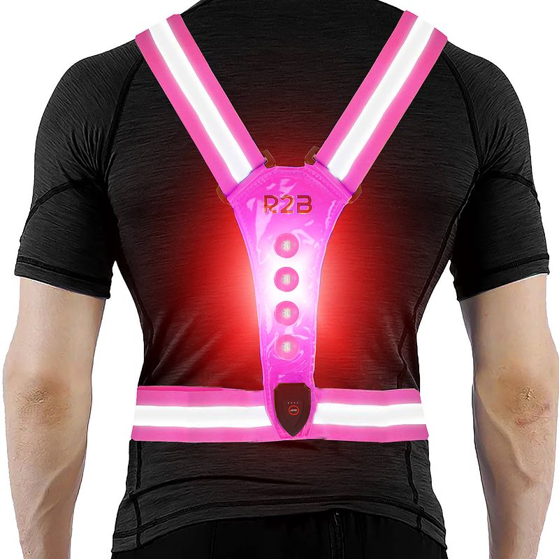 Foto van R2b hardloopvest - hardloop verlichting voor- en achterkant - roze - inclusief usb kabel - reflecterend - running vest