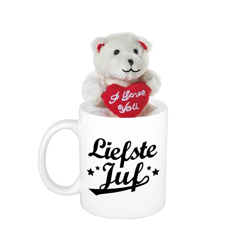 Foto van Juffendag cadeau liefste juf beker / mok 300 ml met beige knuffelbeertje - feest mokken