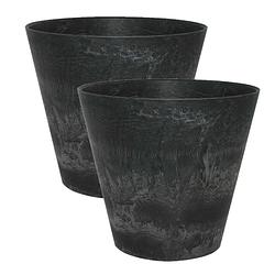 Foto van 2x stuks plantenpot/bloempot in een natuursteen look dia 17 cm en hoogte 15 cm zwart - plantenpotten