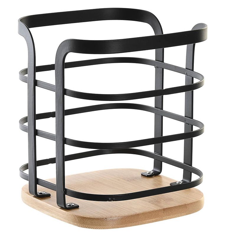 Foto van Items keukengerei houder - zwart - 12 x 14,5 cm - ijzer - bamboe hout - keukenhulphouders