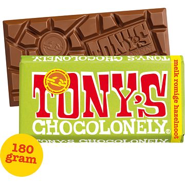 Foto van 2 voor € 4,50 | tony's chocolonely melk romige hazelnoot crunch chocolade reep 180g aanbieding bij jumbo