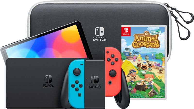 Foto van Nintendo switch oled rood/blauw + animal crossing new horizons + hoesje