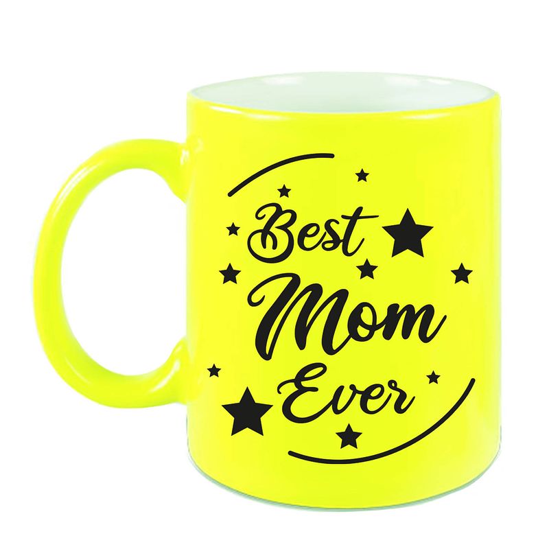 Foto van Best mom ever cadeau koffiemok / theebeker neon geel 330 ml - feest mokken