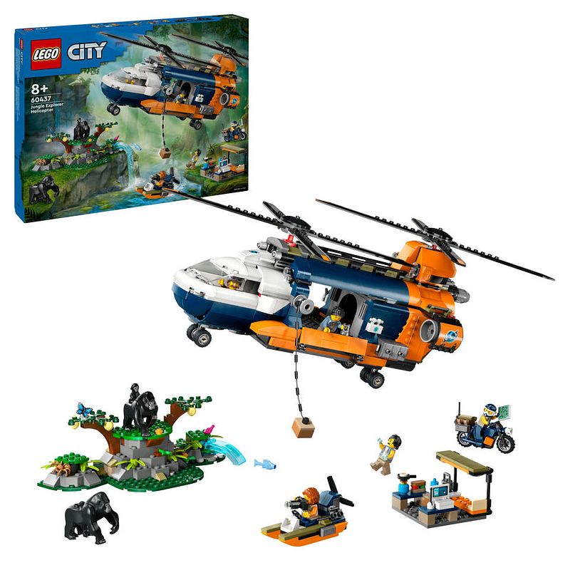 Foto van Lego city jungleonderzoekers helikopter bij de basis 60437