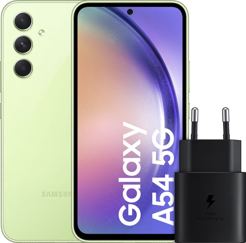 Foto van Samsung galaxy a54 128gb groen 5g + samsung snellader zwart