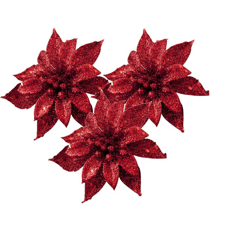 Foto van Cosy and trendy kerst bloem op clip - 3x- rood -8 cm - glitters - kersthangers