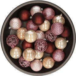 Foto van Kerstballen 37x stuks roze/donkerrood/champagne kunststof 6cm - kerstbal