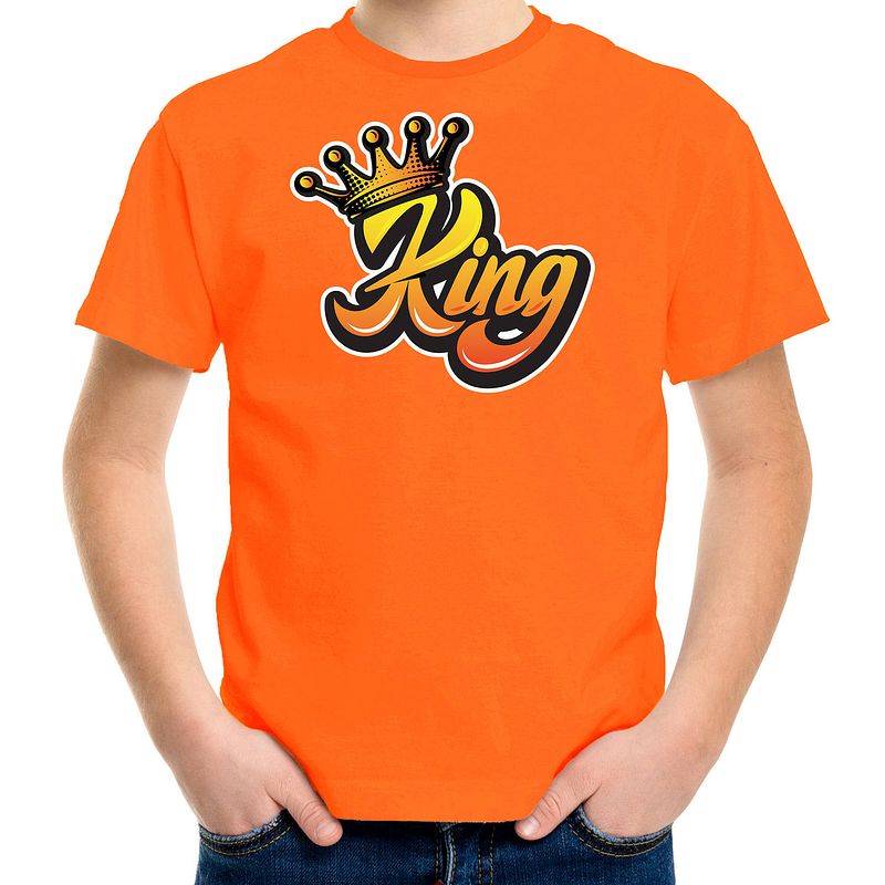 Foto van Koningsdag shirt oranje voor kinderen/ jongens - king met kroon l (146-152) - feestshirts