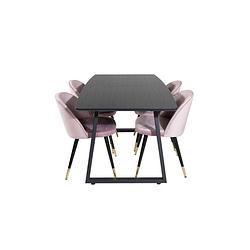 Foto van Incablbl eethoek eetkamertafel uitschuifbare tafel lengte cm 160 / 200 zwart en 4 velvet eetkamerstal velours roze,