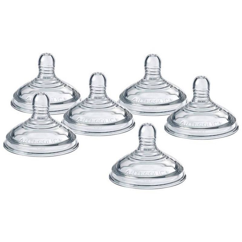 Foto van Tommee tippee - 6-pack geavanceerde antikrampjes-flesnippels - snelle stroom - 6 maanden+