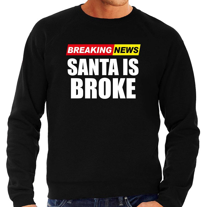 Foto van Foute humor kersttrui breaking news broke kerst sweater zwart voor heren 2xl - kerst truien