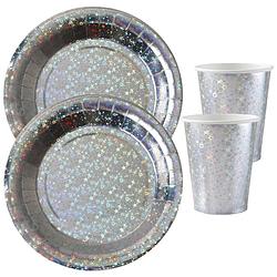 Foto van Feest wegwerp servies set - glitter - 20x bordjes / 20x bekers - zilver - feestpakketten