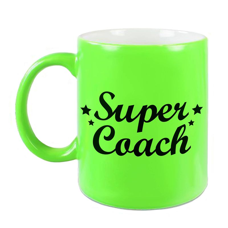 Foto van Super coach mok / beker neon groen 330 ml - feest mokken