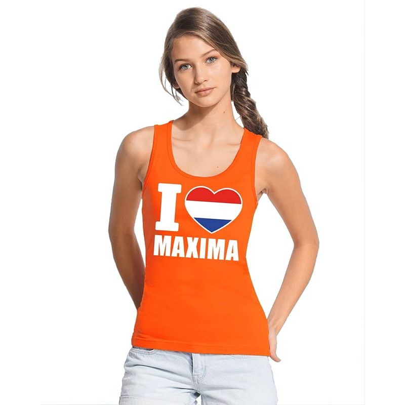 Foto van Oranje i love maxima tanktop shirt/ singlet dames - oranje koningsdag/ holland supporter kleding m