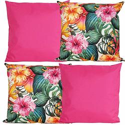 Foto van Bank/tuin kussens set - voor binnen/buiten - 4x stuks - roze/tropical print - 45 x 45 cm - sierkussens