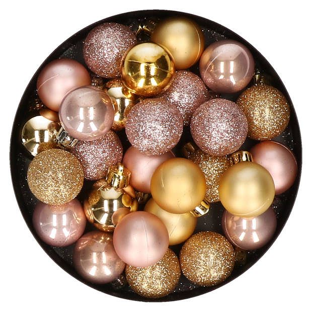 Foto van 28x stuks kunststof kerstballen goud en lichtroze mix 3 cm - kerstbal