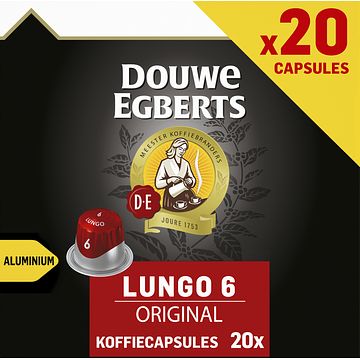 Foto van 2 voor € 8,00 | douwe egberts lungo original koffiecups 20 stuks voordeelpak aanbieding bij jumbo