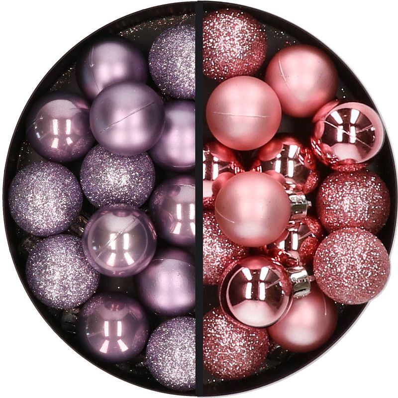 Foto van 28x stuks kleine kunststof kerstballen lila paars en roze 3 cm - kerstbal