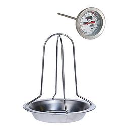 Foto van Rvs kiprooster/kiphouder/kippenrooster voor de barbecue/bbq/oven 20 cm met vleesthermometer - barbecueroosters