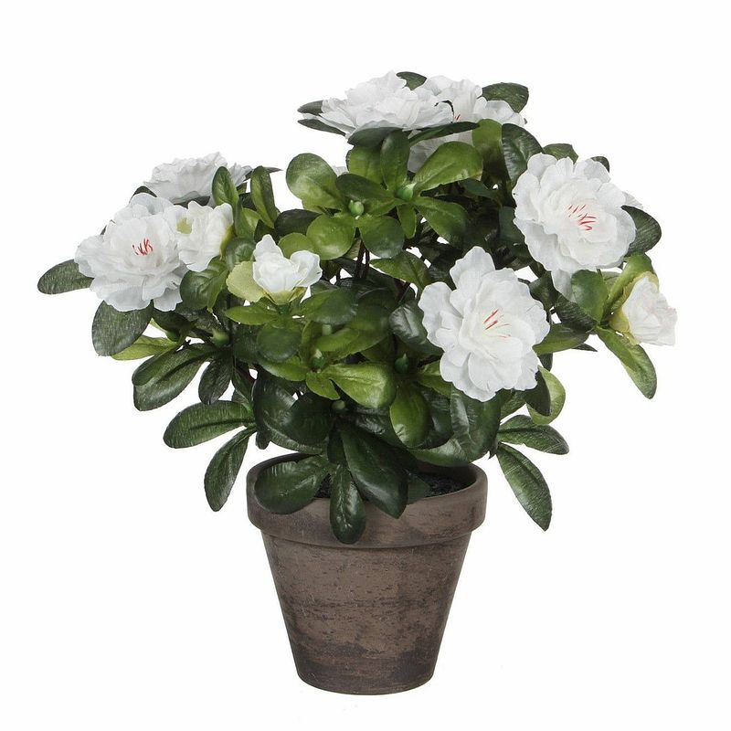 Foto van Groene azalea kunstplanten met witte bloemen 27 cm met pot stan grey - kunstplanten