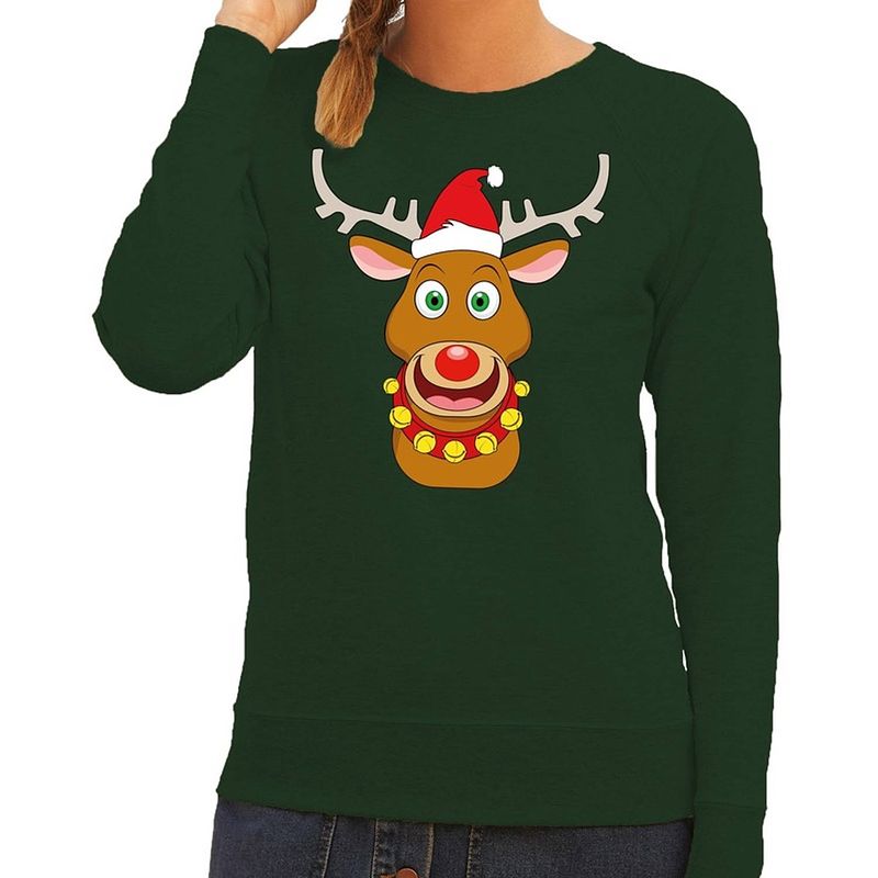 Foto van Foute kersttrui / sweater met rudolf het rendier met rode kerstmuts groen voor dames - kersttruien xs (34)