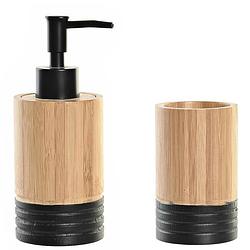 Foto van Badkamer accessoires setje drinkbeker en zeeppompje 17 cm bamboe/zwart - zeeppompjes