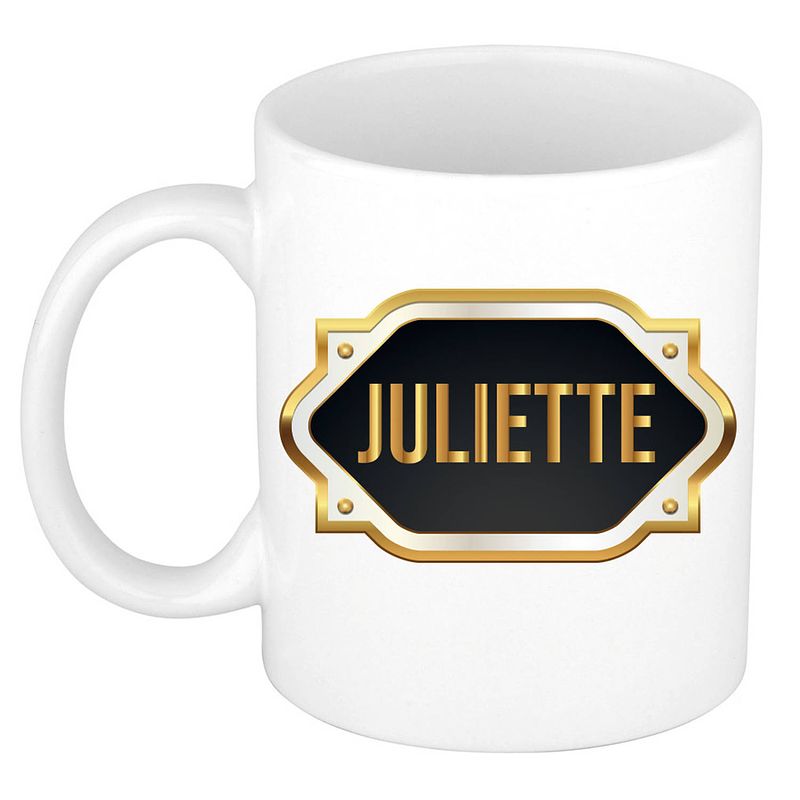 Foto van Naam cadeau mok / beker juliette met gouden embleem 300 ml - naam mokken