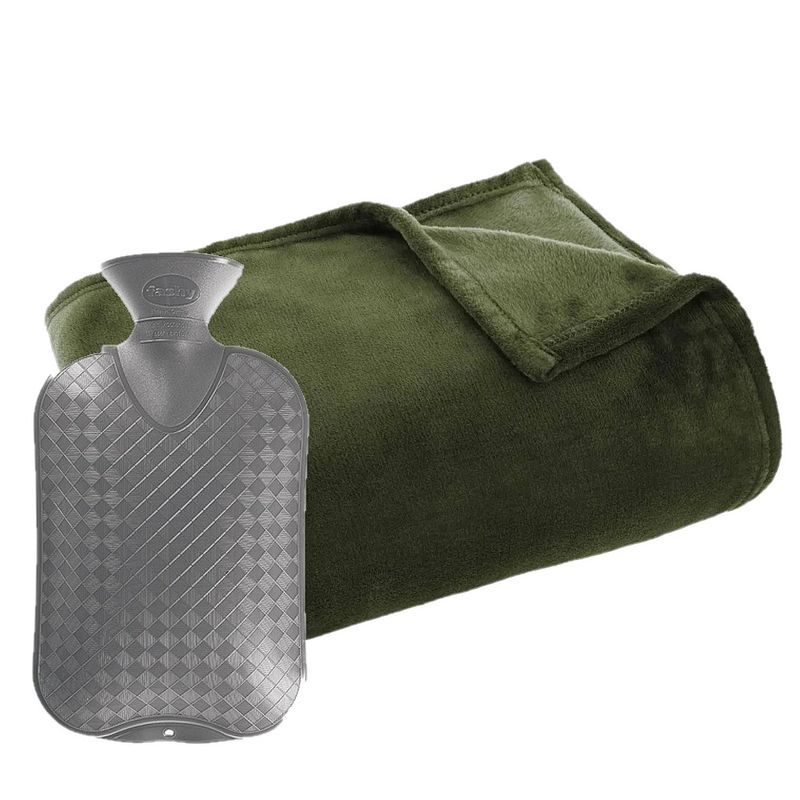 Foto van Fleece deken/plaid olijf groen 125 x 150 cm en een warmwater kruik 2 liter - plaids